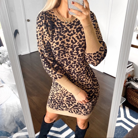 🐆 LOFT ANIMAL PRINT PUFF SLEEVE KNIT DRESS! - Picture 5 of 10